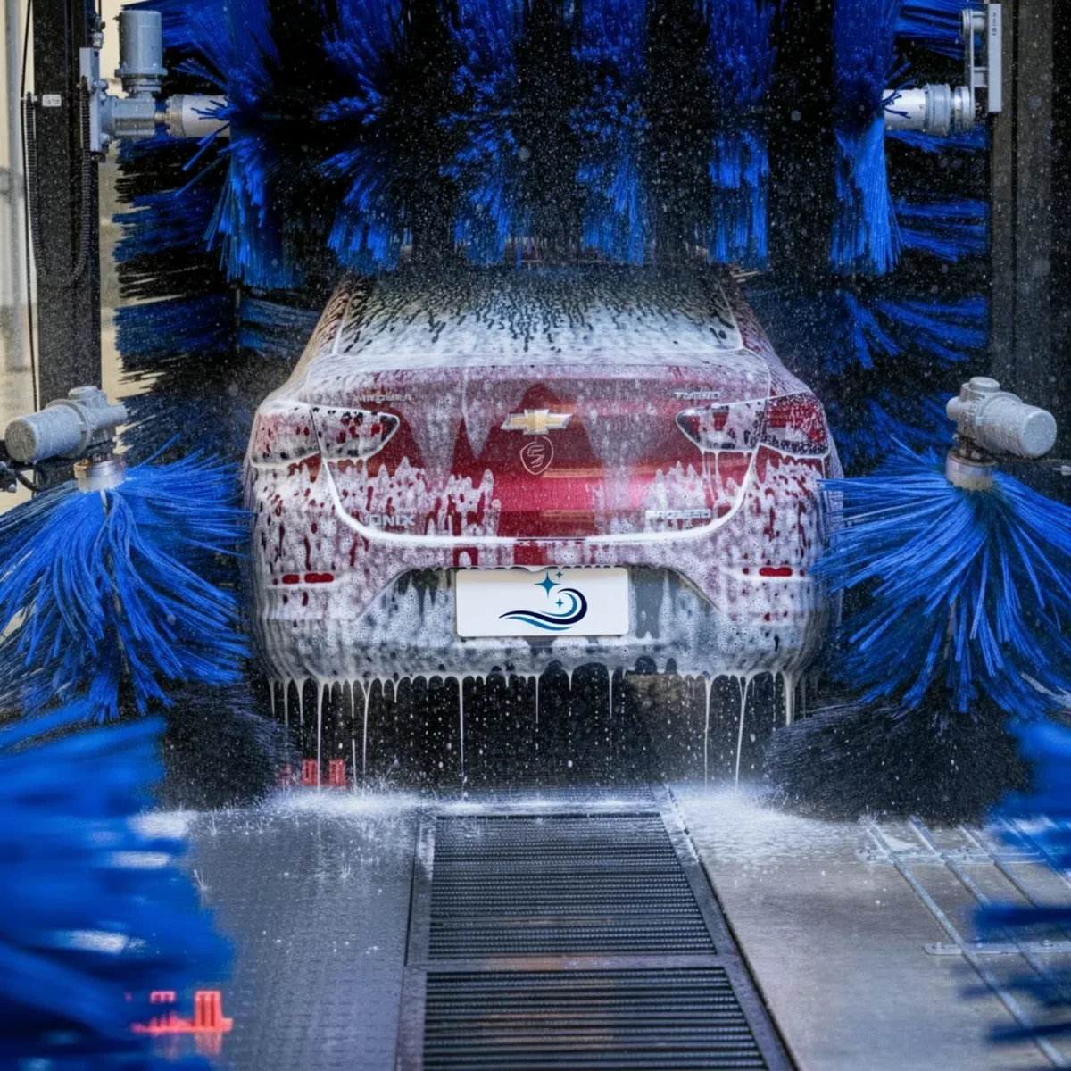 Vehículo cubierto de espuma activa en el túnel de lavado automático