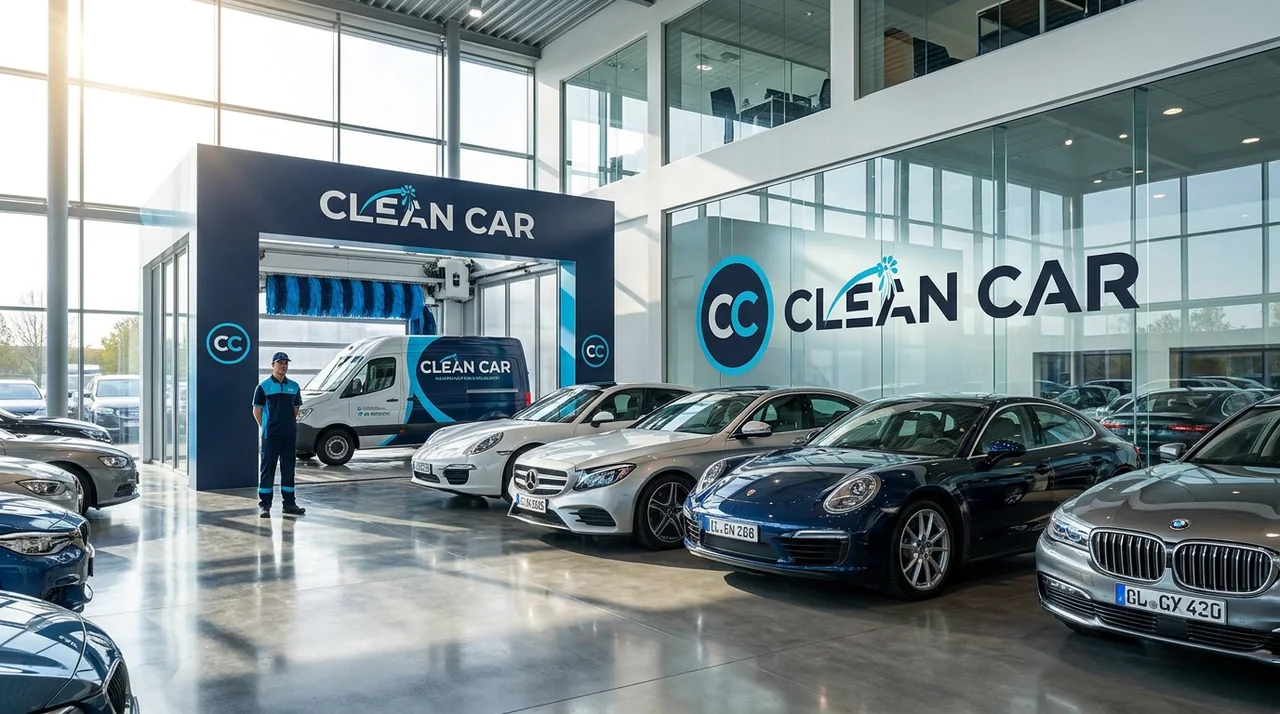 Arco de lavado Clean Car junto a una flota de vehículos premium en el showroom de un concesionario