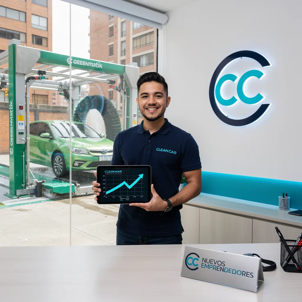 Asesor de Clean Car mostrando la curva de crecimiento de un autolavado en una tablet