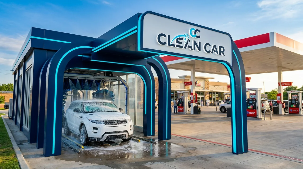 Túnel de lavado de marca Clean Car lavando una camioneta blanca en una estación de servicio