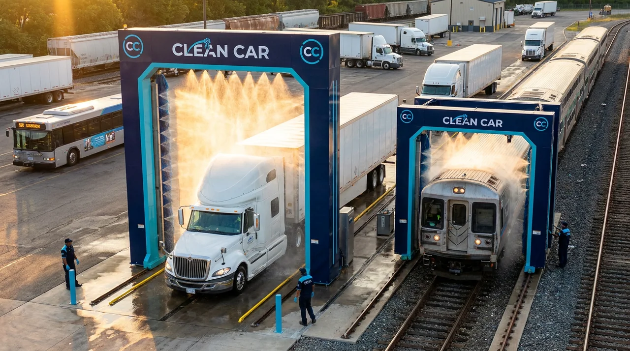 Dos túneles industriales Clean Car lavando un camión y un tren en un patio logístico, con un bus al fondo